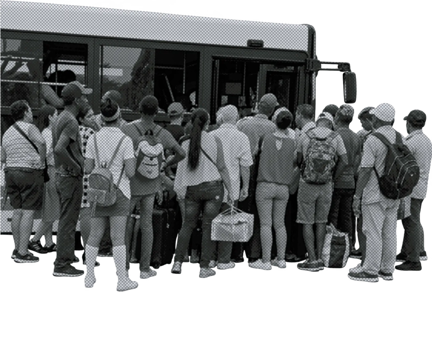 People crowd to board a bus