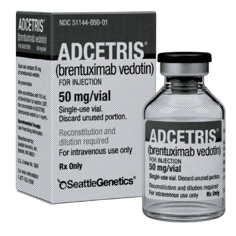 A box and vial of brentuximab vedotin (Adcetris)