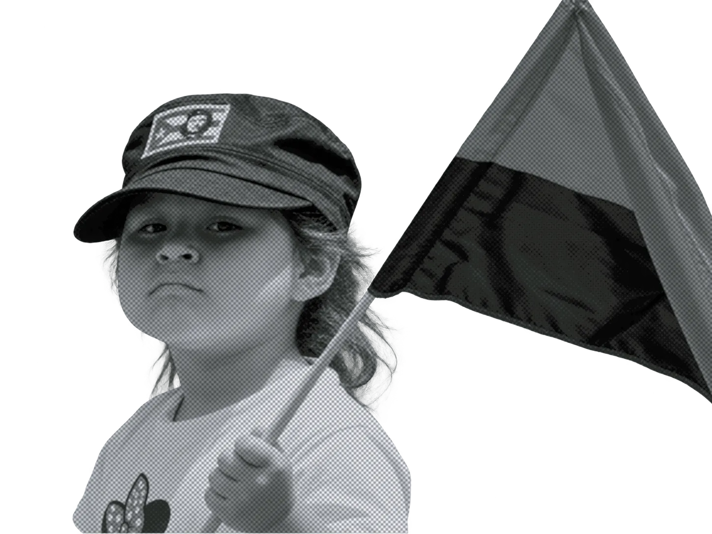A girl in a cap holding a flag